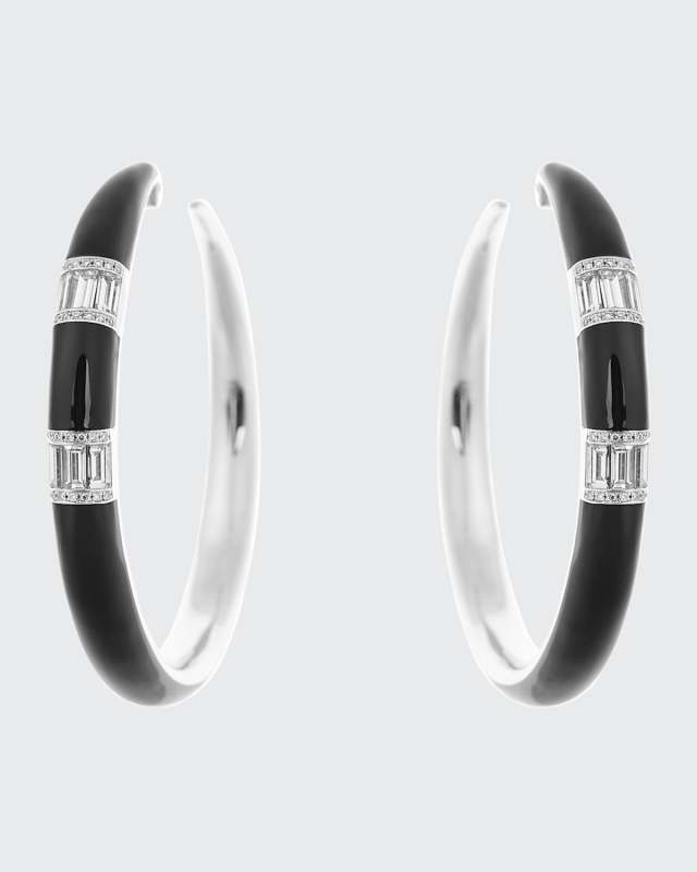 Oui 18k White Gold Baguette and Round Diamond Hoop Earrings